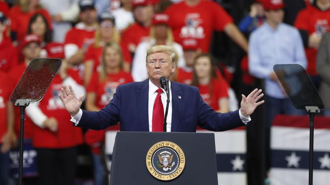 President Donald Trump addresses a campaign rally Thursday, Oct. 10, 2019, in Minneapolis. (AP Photo/Jim Mone)