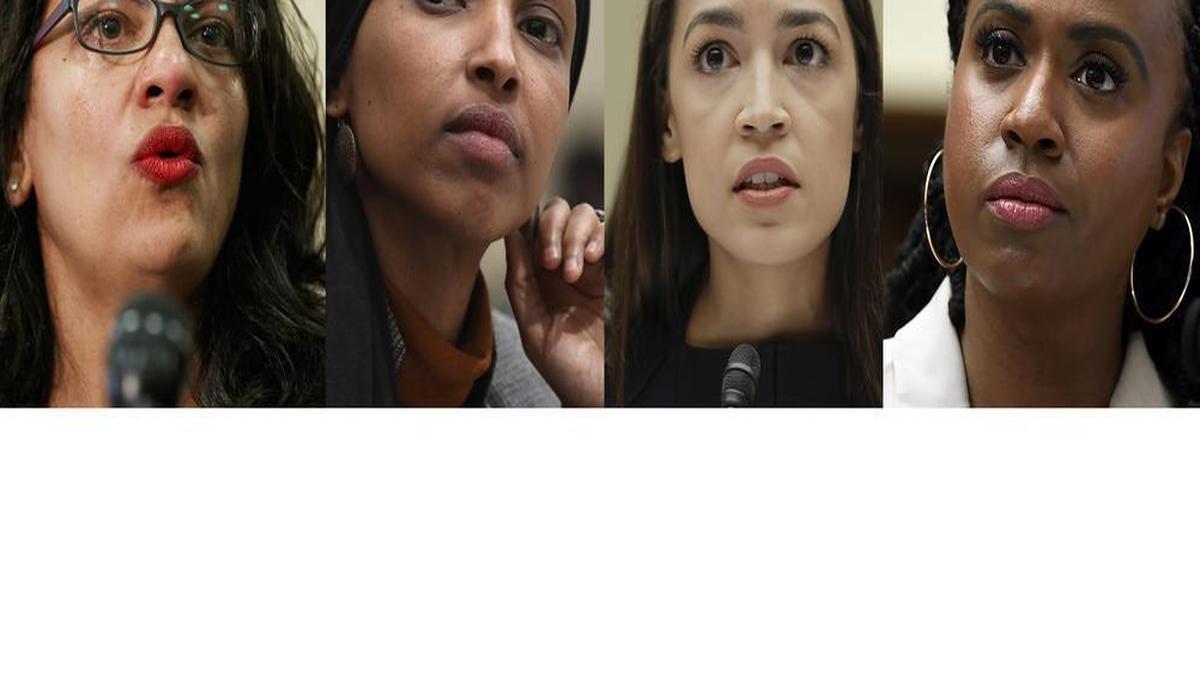 In this combination image from left, Rep. Rashida Tlaib, D-Mich; Rep. Ilhan Omar, D-Minn.; Rep. Alexandria Ocasio-Cortez, D-NY.; and Rep. Ayanna Pressley, D-Mass. A new billboard in North Carolina shows four minority congresswomen smiling down on the small town of Murphy, their faces at odds with the apocalyptic phrase slapped above them: The 4 Horsemen Cometh.