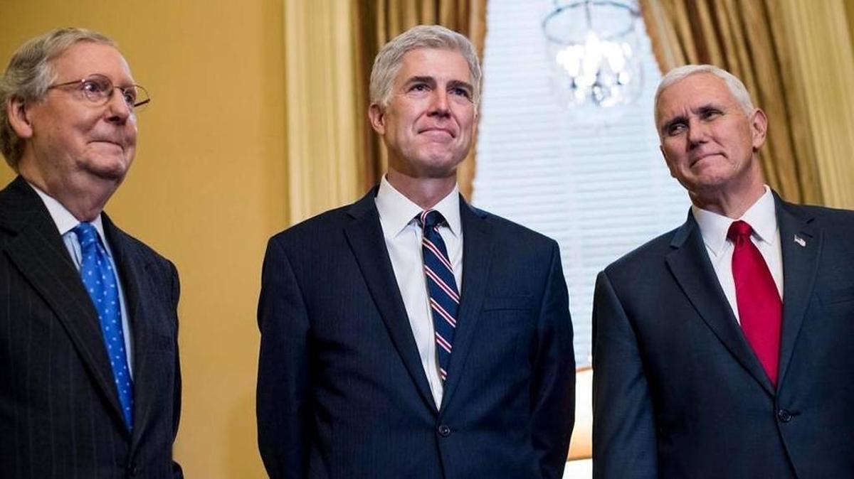 Senate Majority Leader Mitch McConnell, R-Ky. (from left), Supreme Court nominee Neil Gorsuch and Vice President Mike Pence meet in McConnell’s U.S. Capitol office Feb. 1, 2017.