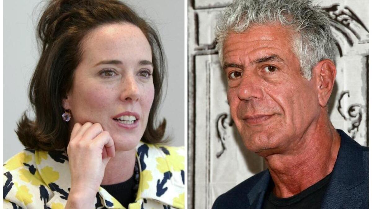 This combination of 2004 and 2016 file photos shows fashion designer Kate Spade and chef Anthony Bourdain in New York. A U.S. report released in June 2018 found an uptick in suicide rates in nearly every state since 1999. Middle-aged adults _ ages 45 to 64 _ had the largest rate increase. Bourdain was 61 and Spade was 55 when they died by suicide last week.
