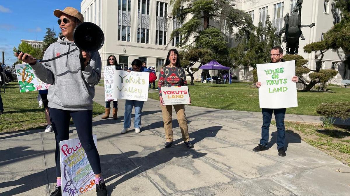 Fresno County residents gather in downtown Fresno on April 11 to demand Board of Supervisors drop its lawsuit against the state over a law that would remove the term “squaw” throughout the state.
