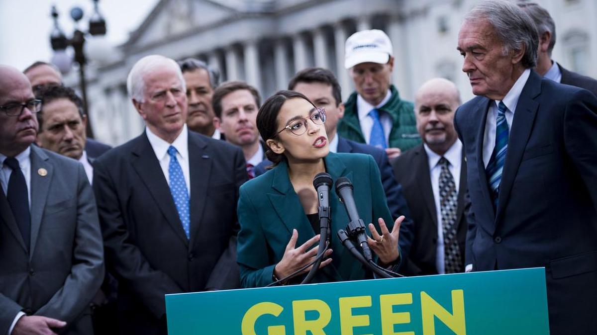 Rep. Alexandria Ocasio-Cortez (D-N.Y.) speaks alongside Sen. Ed Markey (D-Mass.) at a news conference about the Green New Deal, in Washington, Feb. 7, 2019.