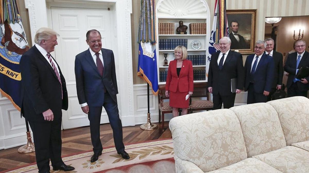 President Trump meets with Russian Foreign Minister Sergei Lavrov and other members of the Russian delegation, including their ambassador, Sergey Kislyak, fourth from left, in a meeting that was closed to the U.S. press but photos of which were released by the Russian Foreign Ministry, May 10, 2017, in the Oval office of the White House.