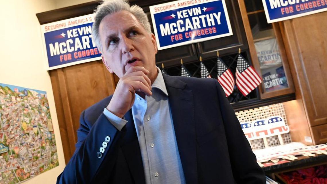 Congressman Kevin McCarthy (R) answers questions from the media as he attends the grand opening of his new headquarters Saturday, March 19, 2022 in Clovis.