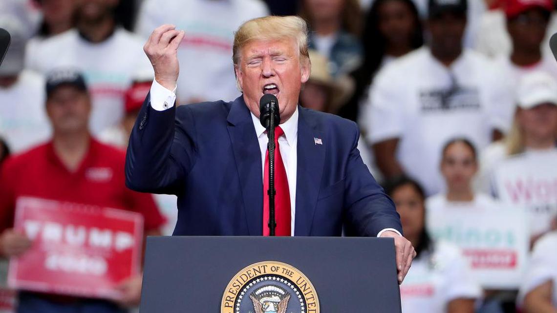U.S. President Donald Trump speaks during a “Keep America Great” Campaign Rally at American Airlines Center on October 17, 2019 in Dallas, Texas. (Tom Pennington/Getty Images/TNS)