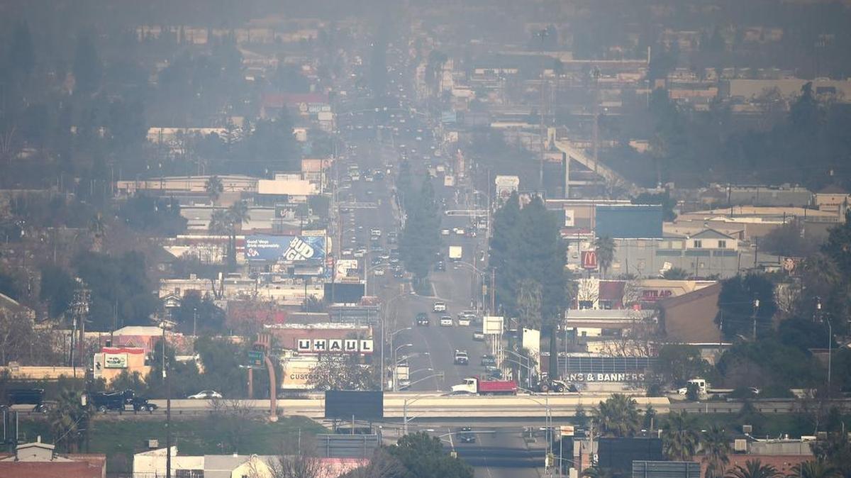 Blackstone Avenue disappears into the near horizon, looking north from the Pacific Southwest Building, with Freeway 180 cutting across near the bottom, late Friday morning, Jan. 25, 2019.