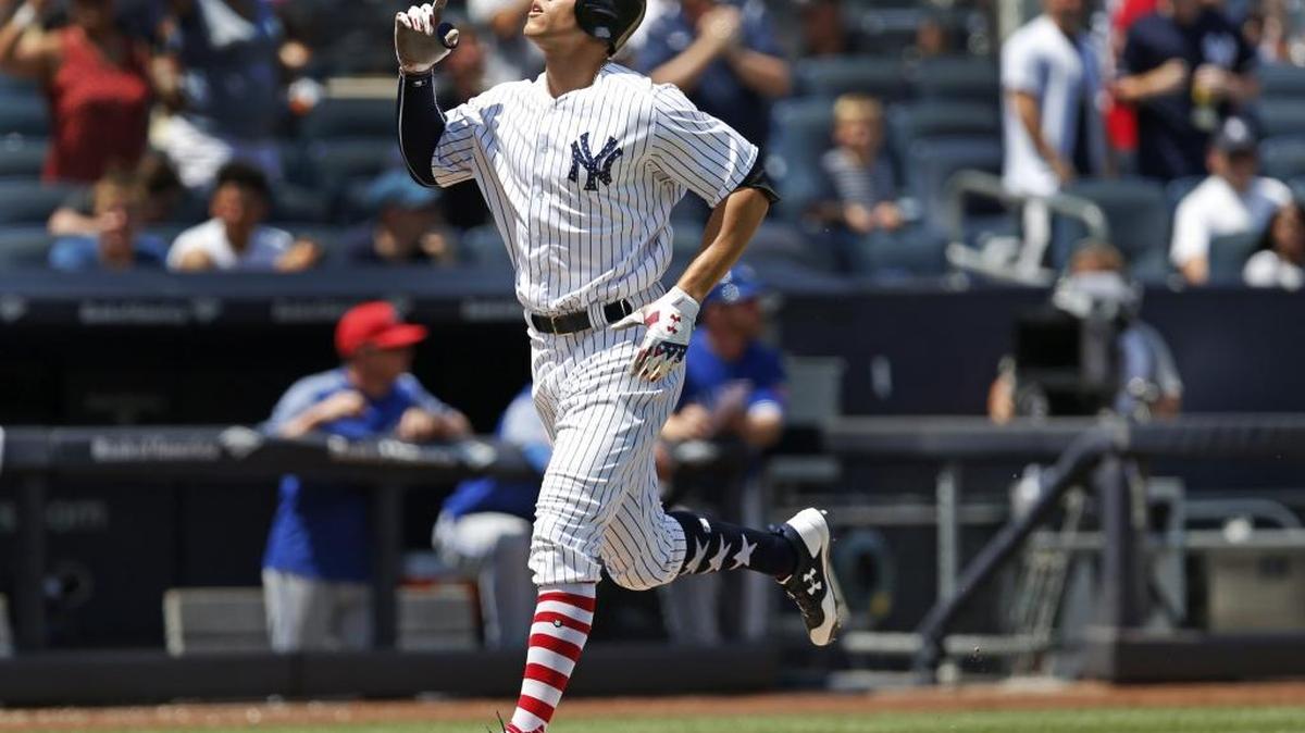 New York Yankees' Aaron Judge gestures after hitting a solo home run during the fourth inning of a baseball game against the Toronto Blue Jays in New York July 4.