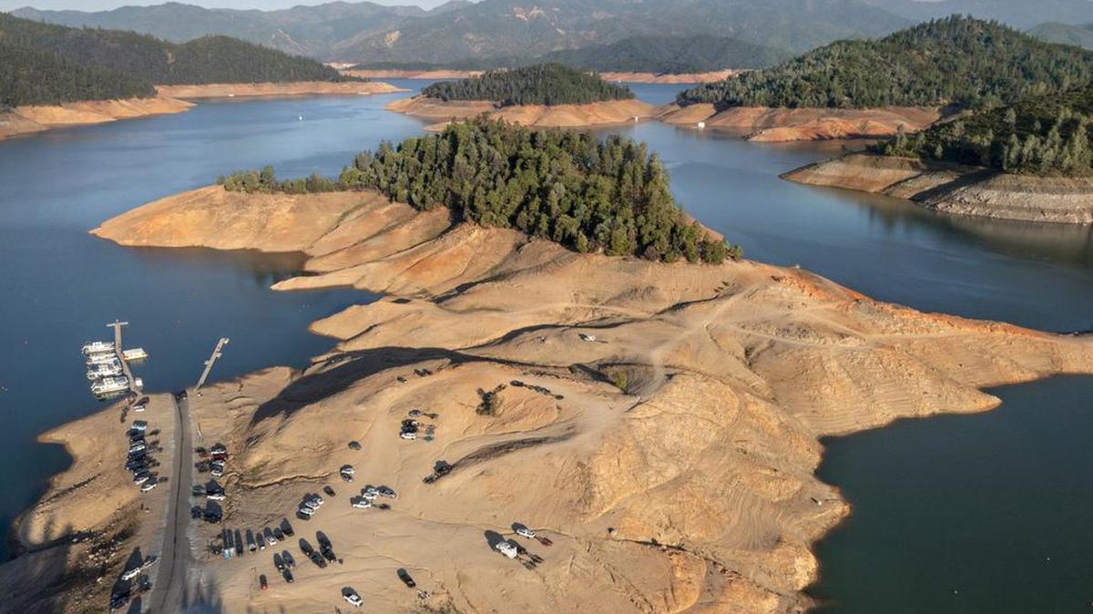 Water levels drop as drought conditions persist in this late June photo taken at Shasta Lake in Northern California.