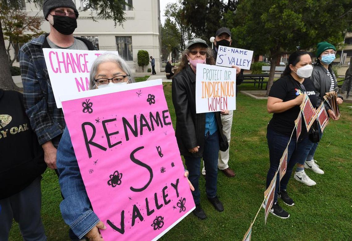 Supporters of the movement to change the name of Squaw Valley gather in front of the Hall of Records, before the Fresno County Board of Supervisors meeting Nov. 16, 2021.