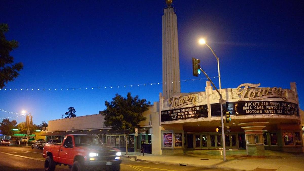 The iconic Tower Theater is the cornerstone of the Tower District of Fresno, where many of the city's nightlife venues are located.