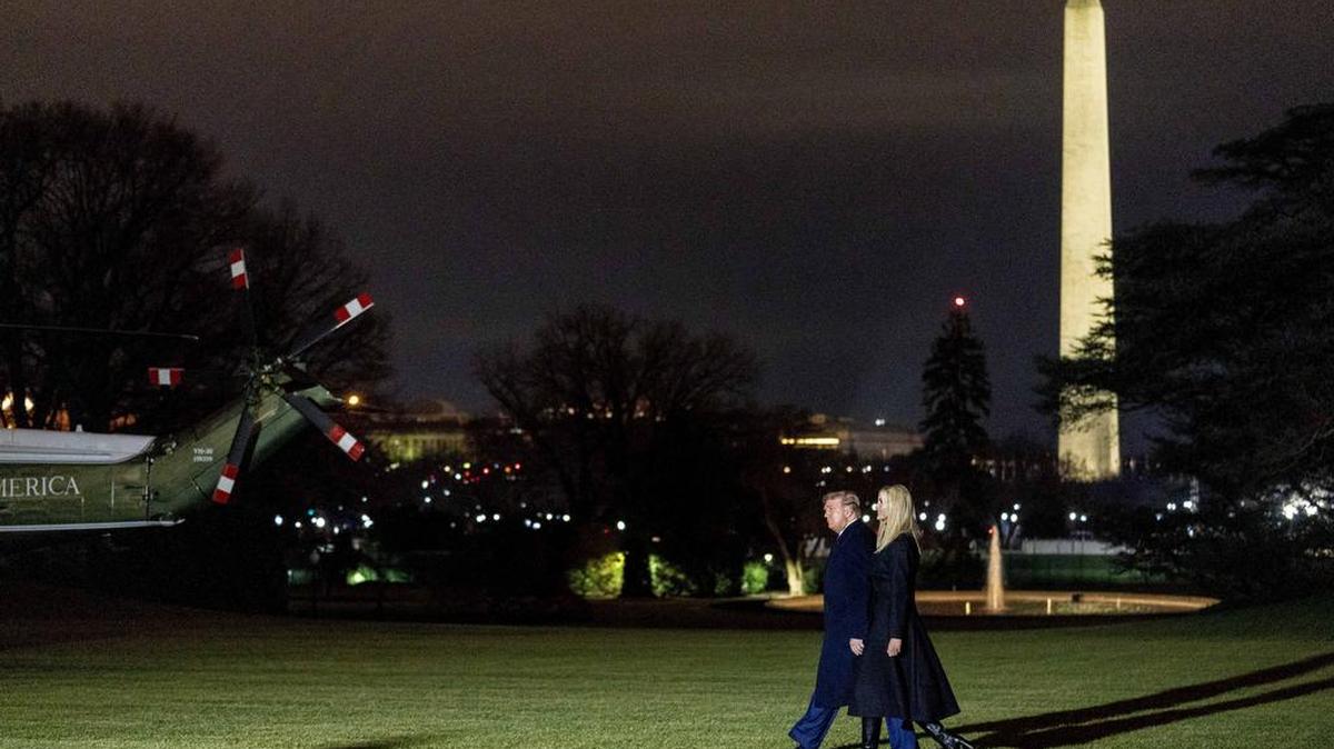 President Donald Trump, accompanied by Ivanka Trump, right, walks across the South Lawn to board Marine One at the White House in Washington, Monday, Jan. 4, 2021, for a short trip to Andrews Air Force Base, Md., and then on to Dalton, Ga. for a rally.