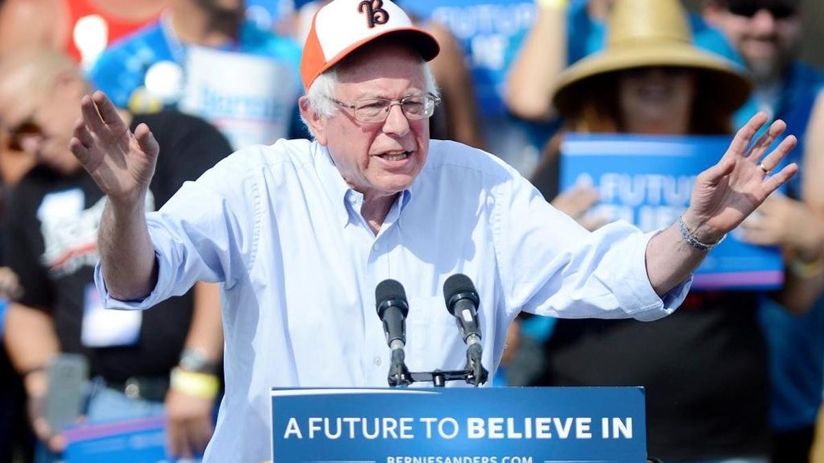 Senator Bernie Sanders speaks before a crowd gathered at Groppetti Automotive Visalia Community Stadium at Golden West High School in Visalia, May 29.