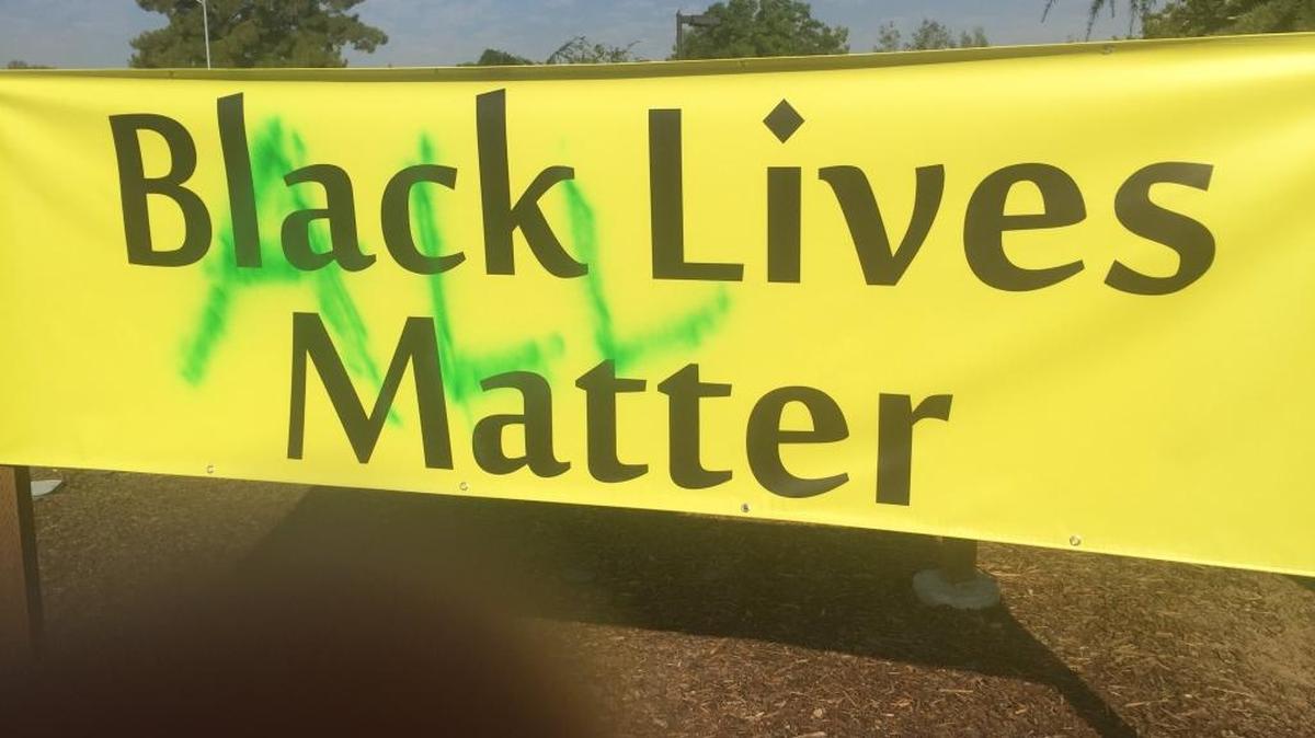 Black Lives Banner at the Unitarian Universalist Church in Fresno was vandalized recently, and had to be replaced.