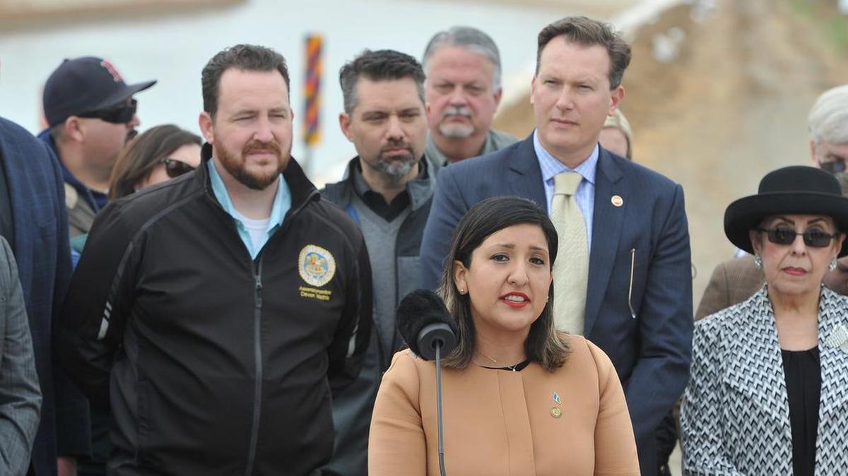 State Sen. Melissa Hurtado, D-Sanger, speaks during a press conference last March along the Friant-Kern Canal near Terra Bella to highlight her legislation, Senate Bill 559, meant to secure California’s water supply by investing $400 million toward restoring lost conveyance capacity on the Friant-Kern Canal, one of the San Joaquin Valley’s most critical water delivery facilities. Joining her were Assemblyman Devon Mathis, R- Visalia, left, and state Sen. Andreas Borgeas, R-Fresno, center right.