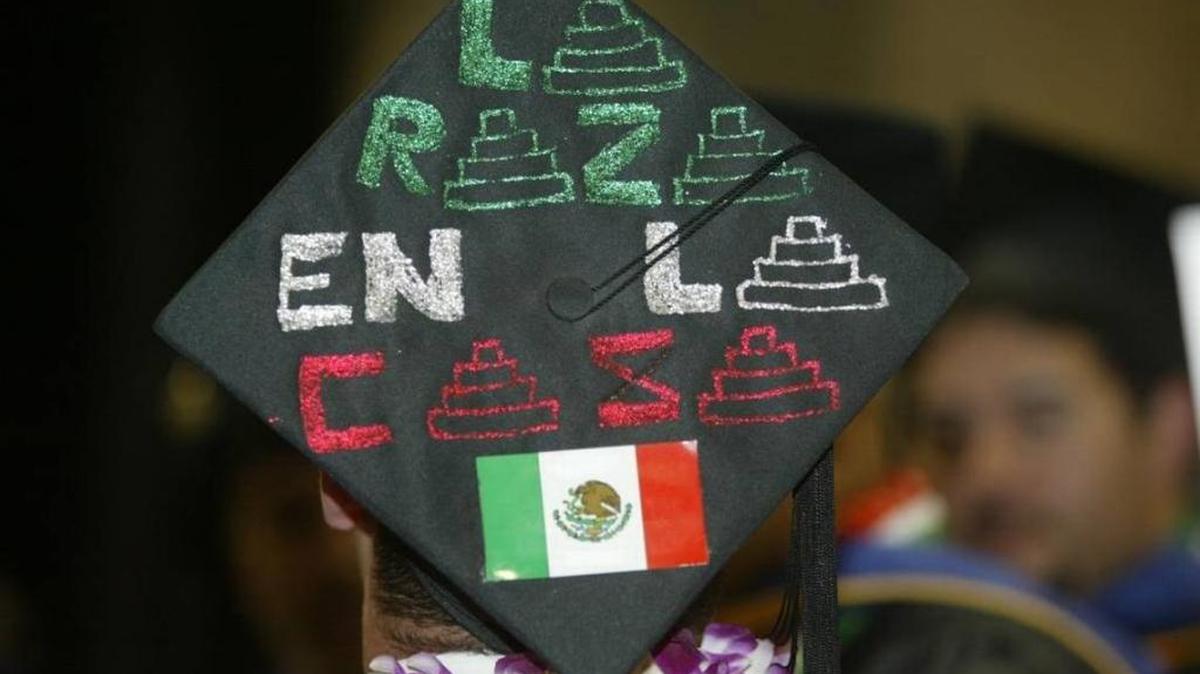 A graduation cap during a 2005 Fresno State commencement. Eliezer Joaquin Risco Lozada started La Raza Studies at the university.