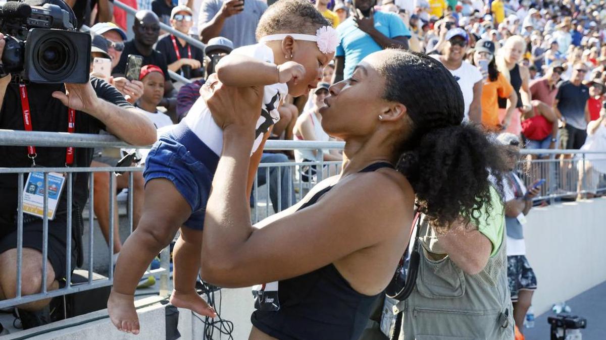 In this July photo, Allyson Felix holds her daughter Camryn after running the women’s 400-meter dash final at the U.S. Championships athletics meet in Des Moines, Iowa.