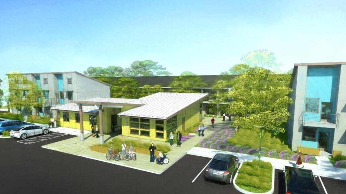 This rendering of Parc Grove Commons shows a complex designed to serve homeless and disabled veterans in Fresno.