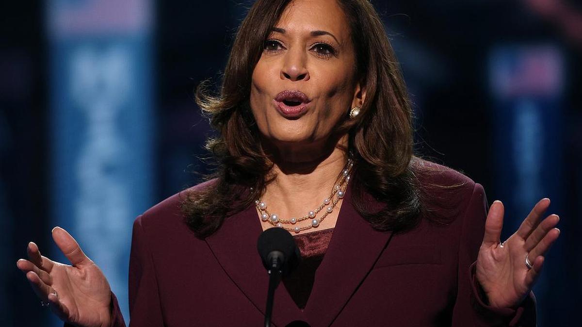 Democratic vice presidential nominee Sen. Kamala Harris speaks on the third night of the Democratic National Convention from the Chase Center in Wilmington, Delaware, on Wednesday, Aug. 19, 2020.