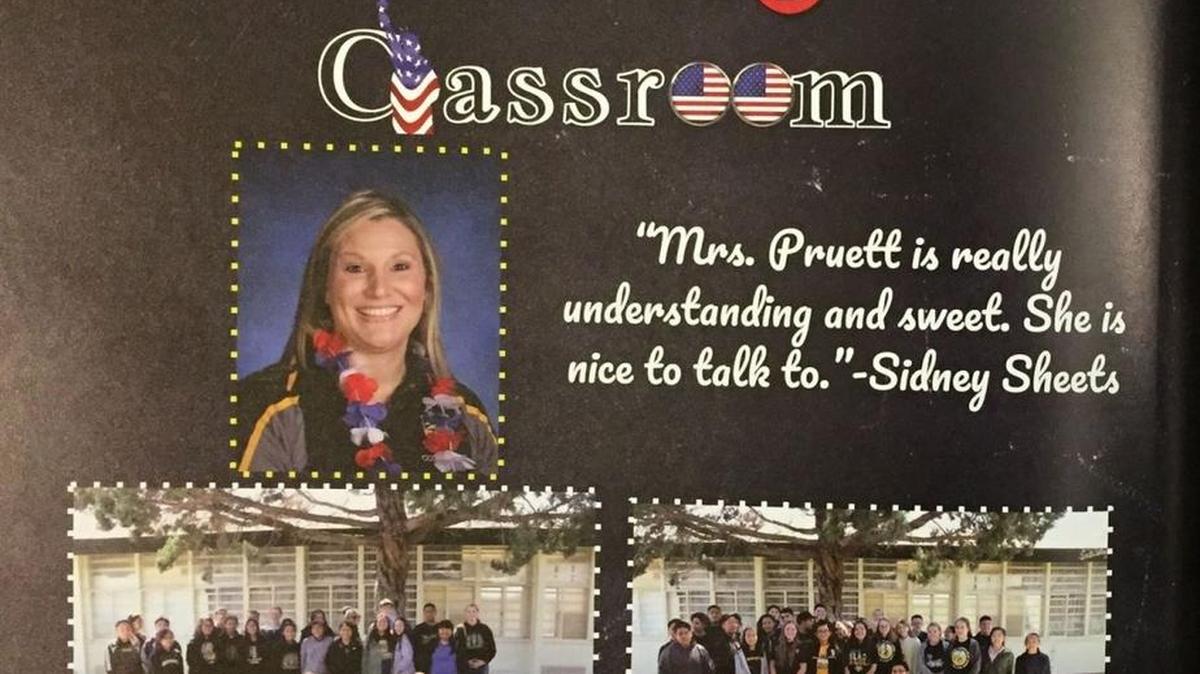 Teacher Kari Pruett’s page in the Computech Middle School yearbook is decorated with Confederate flags and a Ku Klux Klan symbol. She was asked to remove a Confederate flag from her classroom this year, after a parent complained. The yearbook was reprinted without the offensive symbols.