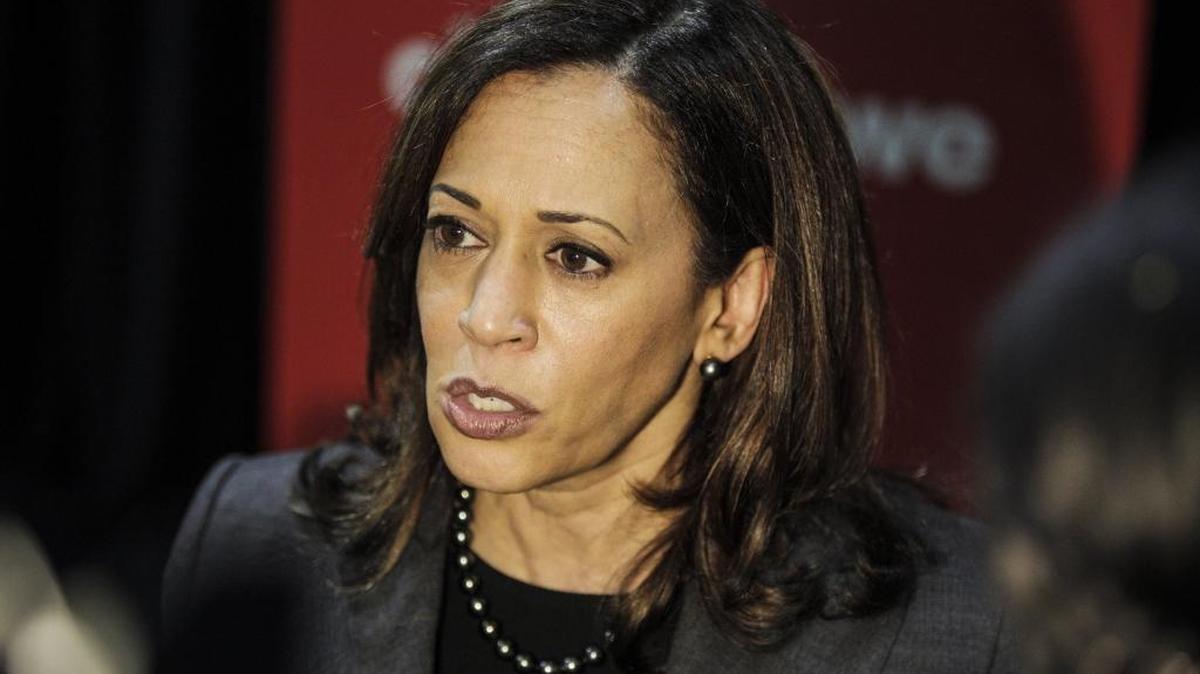 Sen. Kamala Harris (D-Calif.) speaks to the media after speaking to 10,000 high school students from across Los Angeles County at the annual Girls Build L.A. leadership summit on Dec. 15.