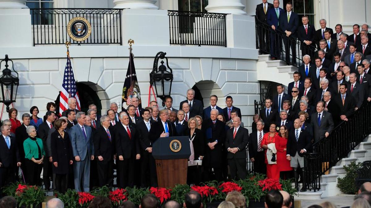 President Donald Trump, joined by Vice President Mike Pence and House and Senate Republicans claim victory with passage of the tax bill Wednesday.