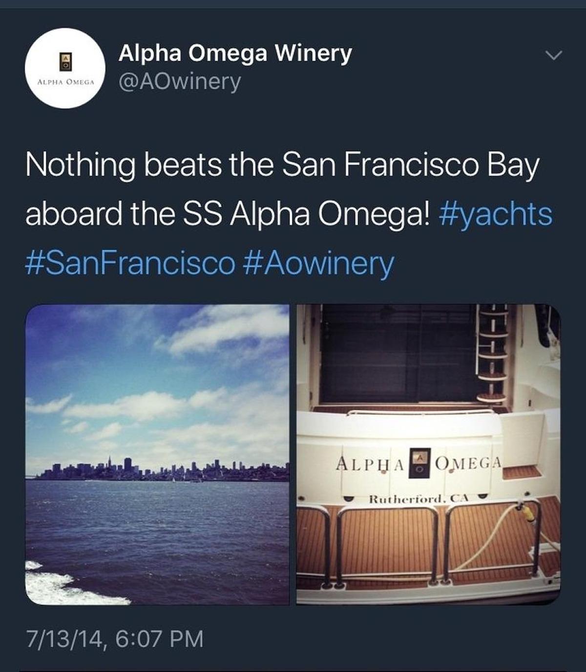 A social media post showing the Alpha Omega yacht identified in the civil lawsuit.