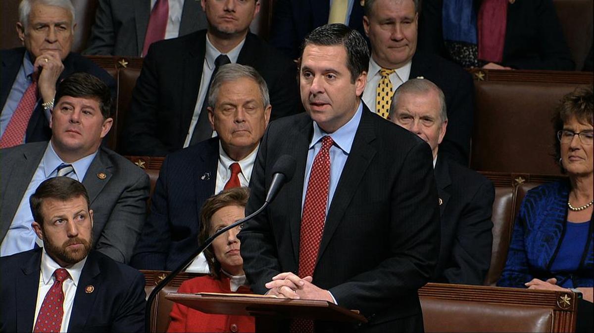 Rep. Devin Nunes, R-Calif, the ranking member of the House Intelligence Committee, speaks as the House of Representatives debates the articles of impeachment against President Donald Trump at the Capitol in Washington, Wednesday, Dec. 18, 2019. (House Television via AP)