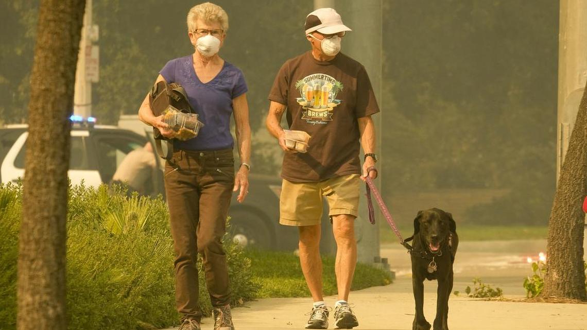 In this Nov. 9, 2018, file photo, people cover their faces as they walk their dog as smoke from a wildfire fills the air during the Woolsey Fire in Malibu.