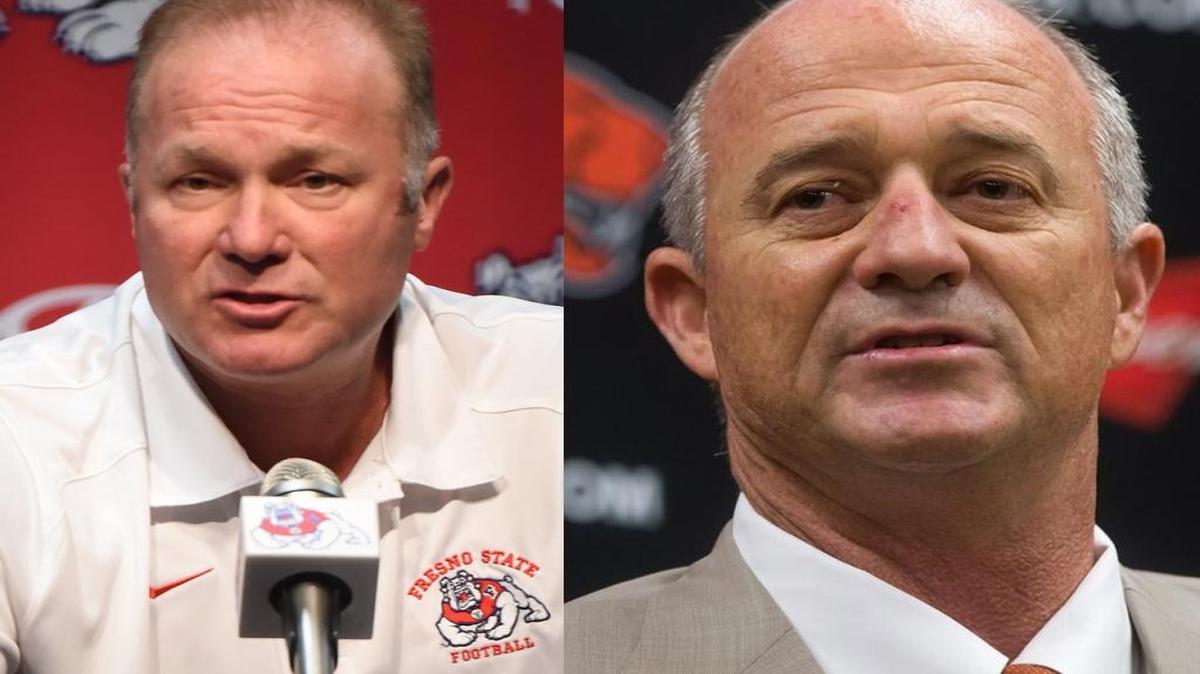 Former Fresno State football head coach Tim DeRuyter, left, and, by many accounts, one of the top candidates for the job, Jeff Tedford.
