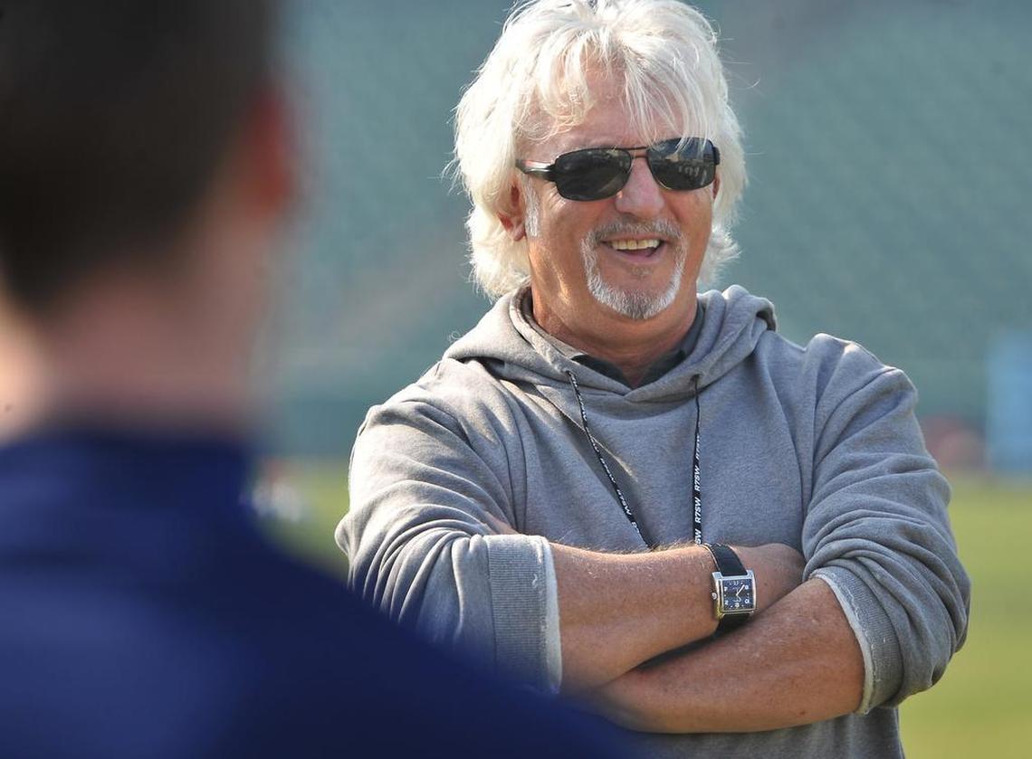 Ray Beshoff, president and primary owner of the Fresno Football Club, talks with the team during a break during their first training session Wednesday, Jan. 31, 2018, in preparation for the United Soccer League season.