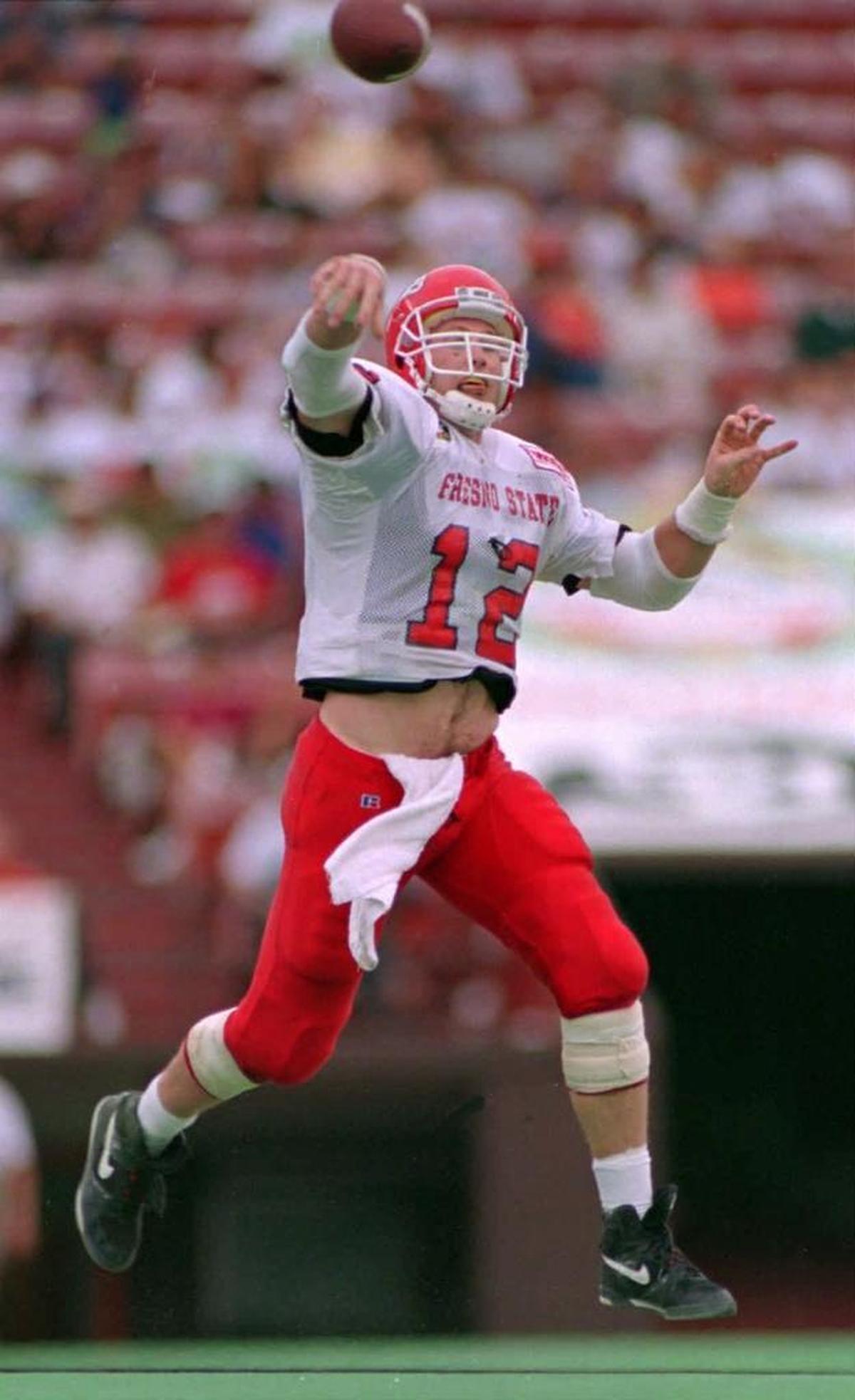 Fresno State’s Trent Dilfer threw for 523 yards in his final college football game, a 41-30 loss to Colorado in the 1993 Aloha Bowl.