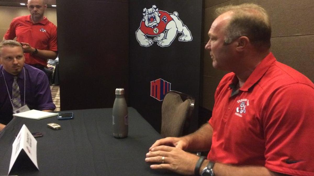 
Fresno State coach Tim DeRuyter fields questions at the Mountain West Conference Media Days in Las Vegas on Tuesday, July 28, 2015. The Bulldogs were picked to finish second in the conference’s West Division.

