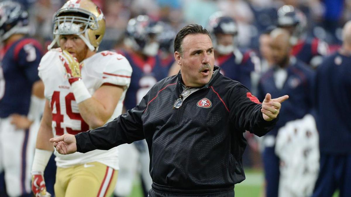
49ers coach Jim Tomsula, directing his players before Saturday’s preseason game against the Texans, has come a long way at this podium since his awkward introductory press conference.

