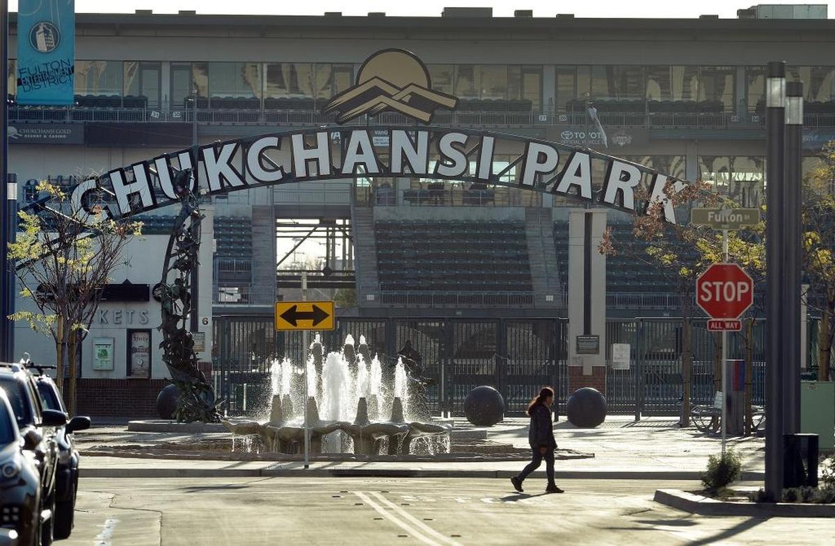 This eye-catching view of the Kern Street entrance to Chukchansi Park is now possible after the Fulton Mall was removed and the street reopened to car traffic.