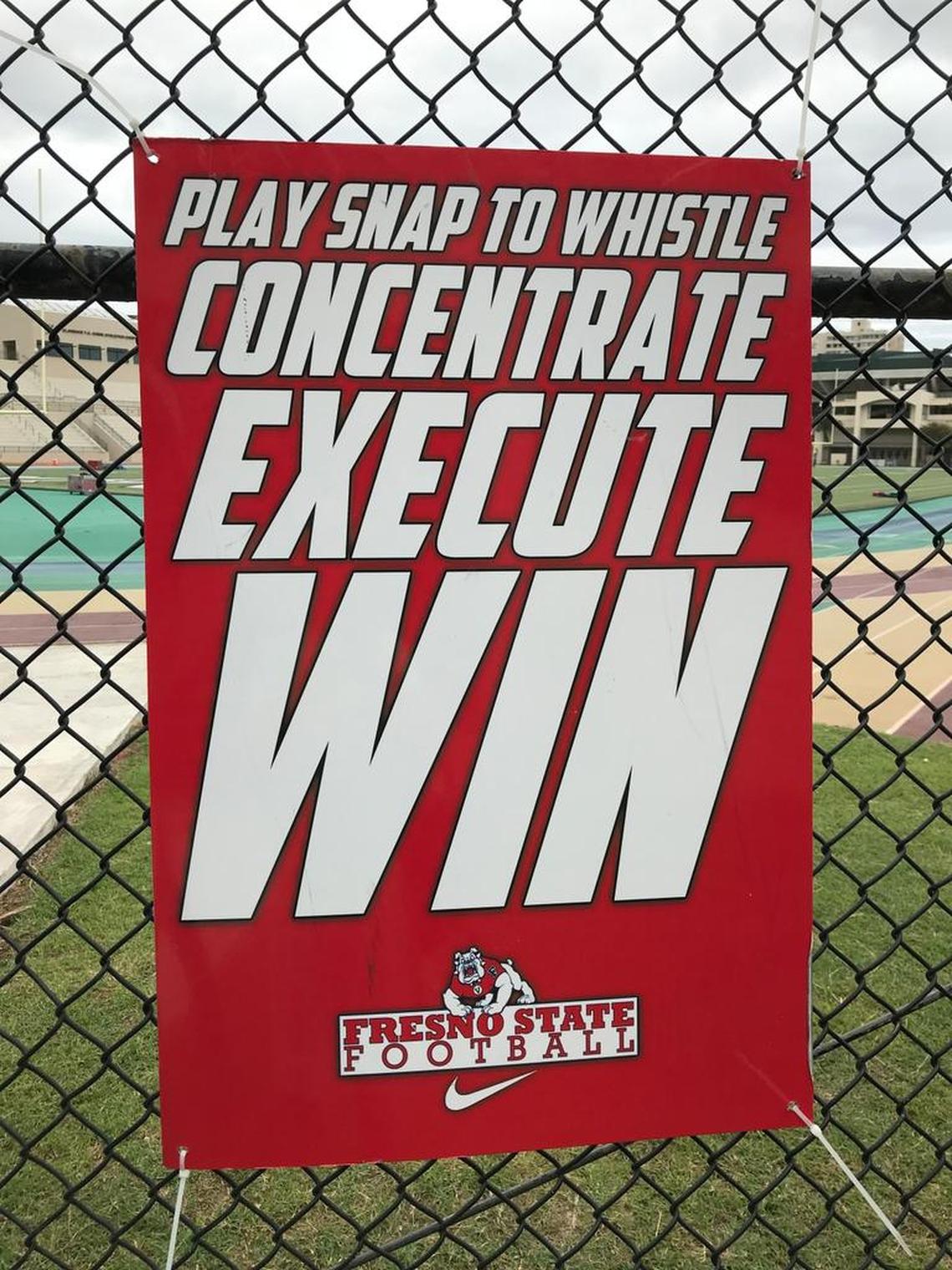 A sign on the chain-link fence outside Hawaii’s practice field reminds Fresno State football players of their mission this week.