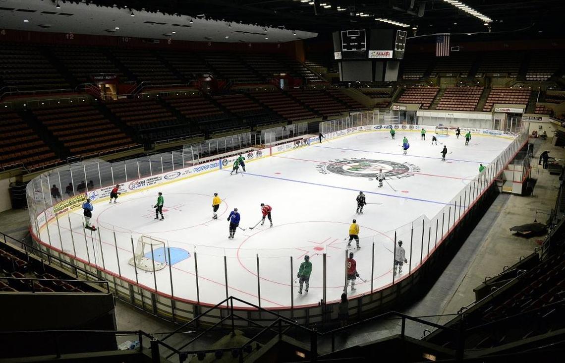 Members of the Fresno Monsters hockey team practice at Selland Arena in downtown Fresno on Wednesday, Feb. 14, 2018. The Monsters are playing at Selland on Thursday, Friday and Saturday night, the first hockey games in the arena since 2013.