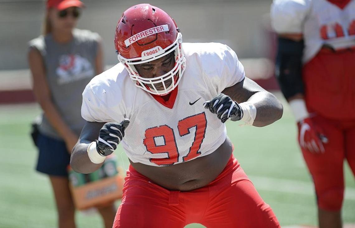 Fresno State defensive tackle Malik Forrester runs drills during preseason practice in August 2017. Forrester shed 25 pounds to become lighter and quicker in the Bulldogs’ new 4-3 scheme.