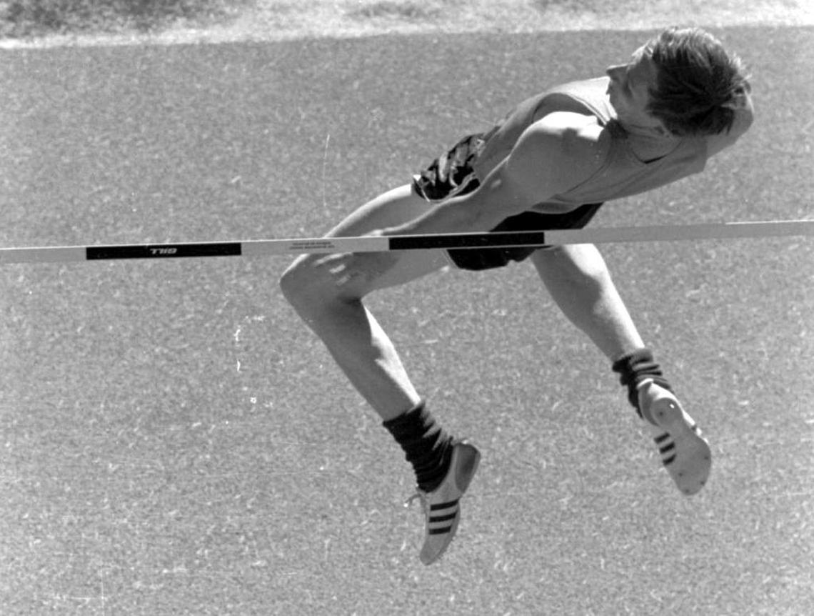 Dick Fosbury goes over the high jump bar with his unique style en route to winning a 1968 Olympic team berth.