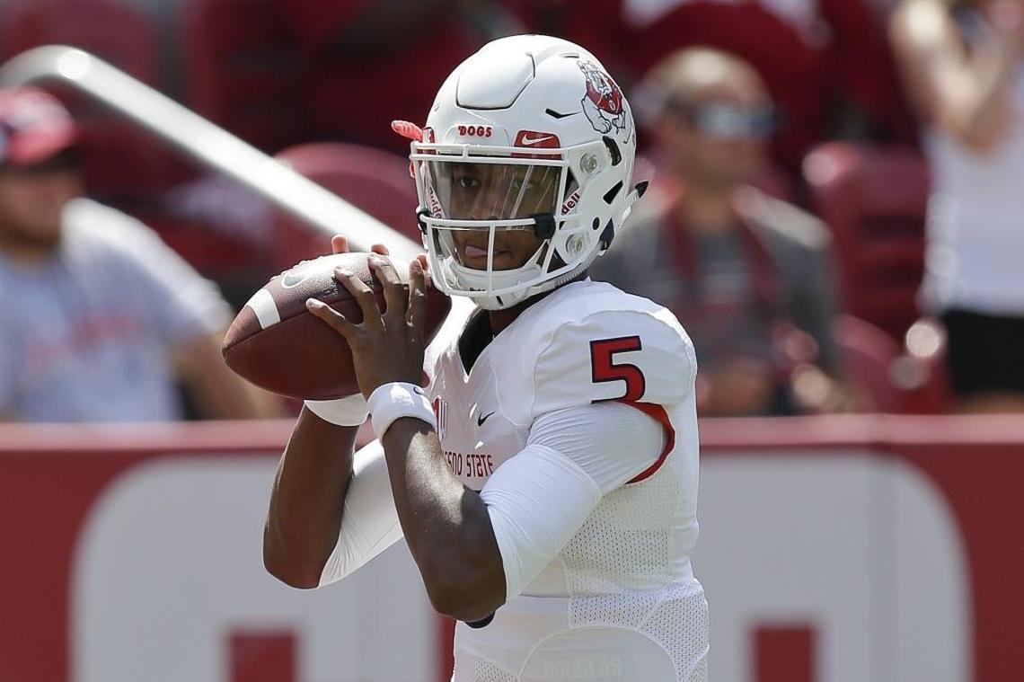 Fresno State quarterback Chason Virgil warms up before Saturday’s 41-10 loss to top-ranked Alabama at Bryant-Denny Stadium.