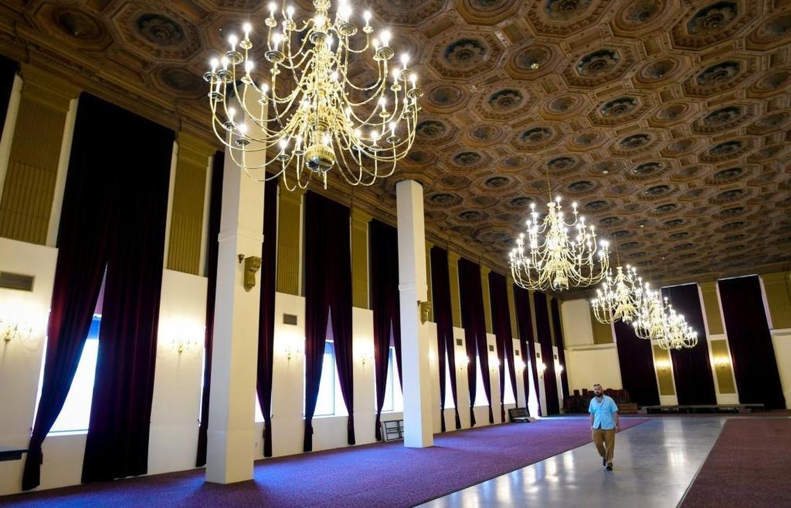 Pacific Southwest Building general manager Charles Atikian strolls the cavernous Banker’s Ballroom of the historic Fresno high-rise on Fulton Street.