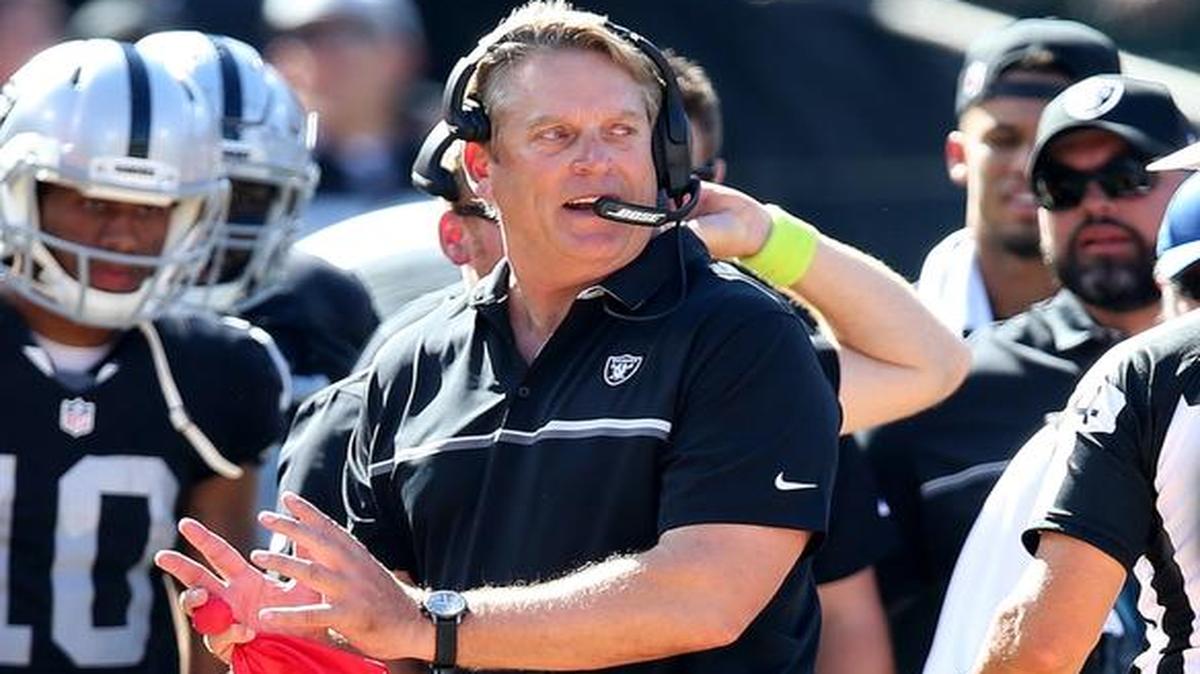 Oakland Raiders head coach Jack Del Rio challenges a call during the third quarter against the Atlanta Falcons on Sunday, Sept. 18, 2016 at the Coliseum in Oakland, Calif.