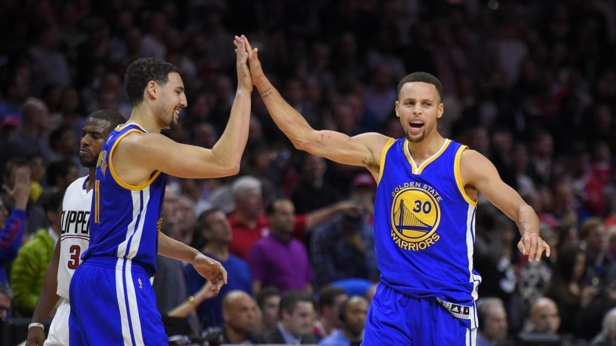 It’s been near perfection on the court but total perfection in the win-loss column for the 15-0 Warriors and backcourt duo of Stephen Curry, right, and Klay Thompson. Golden State looks for an NBA-record 16-0 start to the season Tuesday night when they host the lowly Lakers.