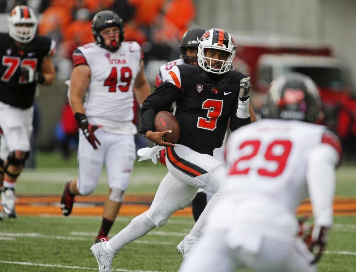 Marcus McMaryion (3) showed himself to be a willing runner during his two seasons with Oregon State, including this scamper against Utah last season in Corvallis, Ore.