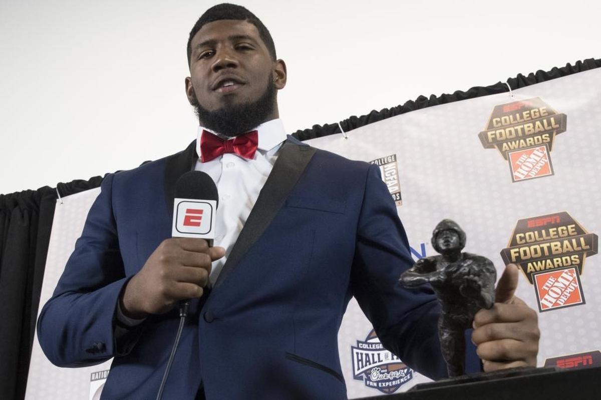 Houston defensive tackle Ed Oliver takes questions after earning the Outland Trophy as the nation’s outstanding interior lineman during the College Football Awards show on Dec. 7, 2017, in Atlanta.