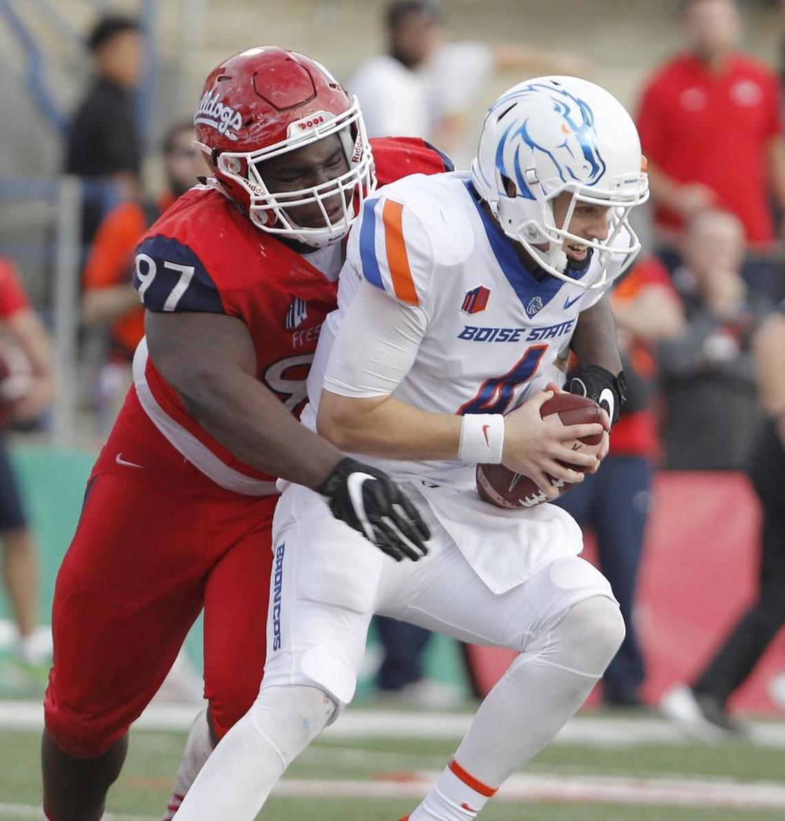 Fresno State’s Malik Forrester gets a sack and safety on Boise State’s Brett Rypien to seal the Bulldogs’ 28-17 victory in the 2017 regular-season finale on Nov. 25 at Bulldog Stadium.