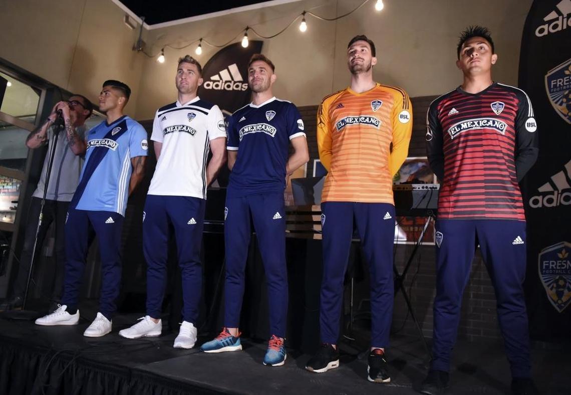 Fresno FC director of marketing Jordan Weibe, far left, introduces the team’s new uniforms in front of more than 1,000 fans who turned out Friday night, Feb. 2, 2018, at Tioga-Sequoia beer garden in downtown Fresno.