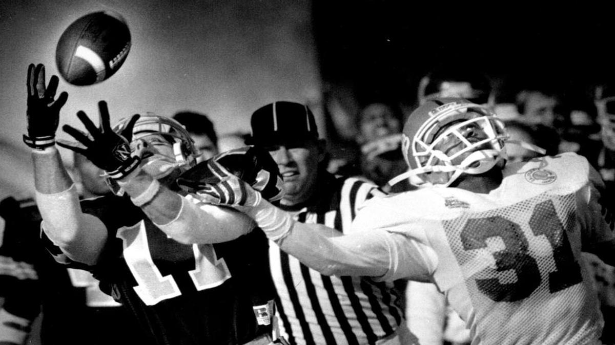 Back in the day: J.D. Williams defends against Western Michigan’s Allan Boyko in the 1988 California Bowl. Williams played for Fresno State from 1986-89 and went on to play in four Super Bowls with the Buffalo Bills. He’s back for another stint as a Fresno State assistant coach.