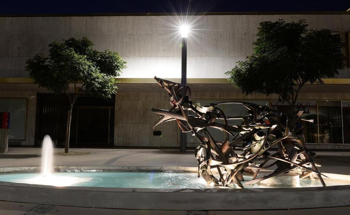 “Smoldering Fires” is one of three copper and glass sculptures by California artist Claire Falkenstein located near the outfield entrance to Chukchansi Park on Kern and Fulton streets in downtown Fresno.