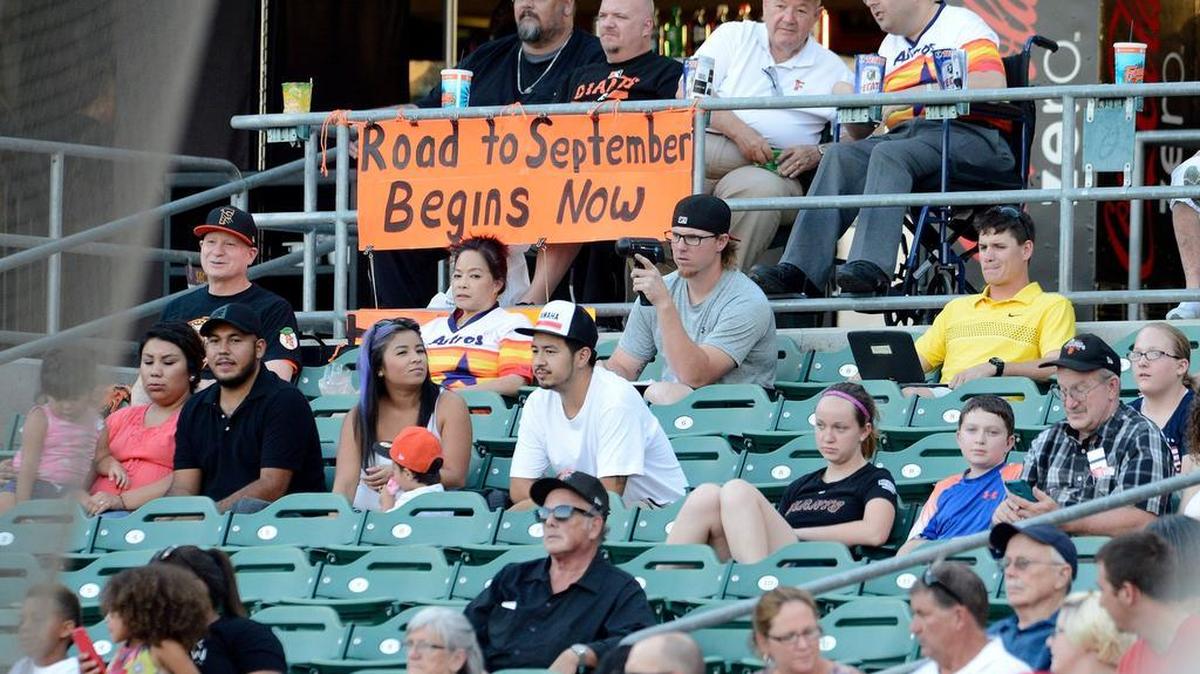 
Fresno Grizzlies fans posted a sign of encouragement looking ahead to a likely postseason berth as the team squared off Aug. 1 against Albuquerque. Attendance was listed at 6,827 for the opener of a nine-game homestand at Chukchansi Park.
