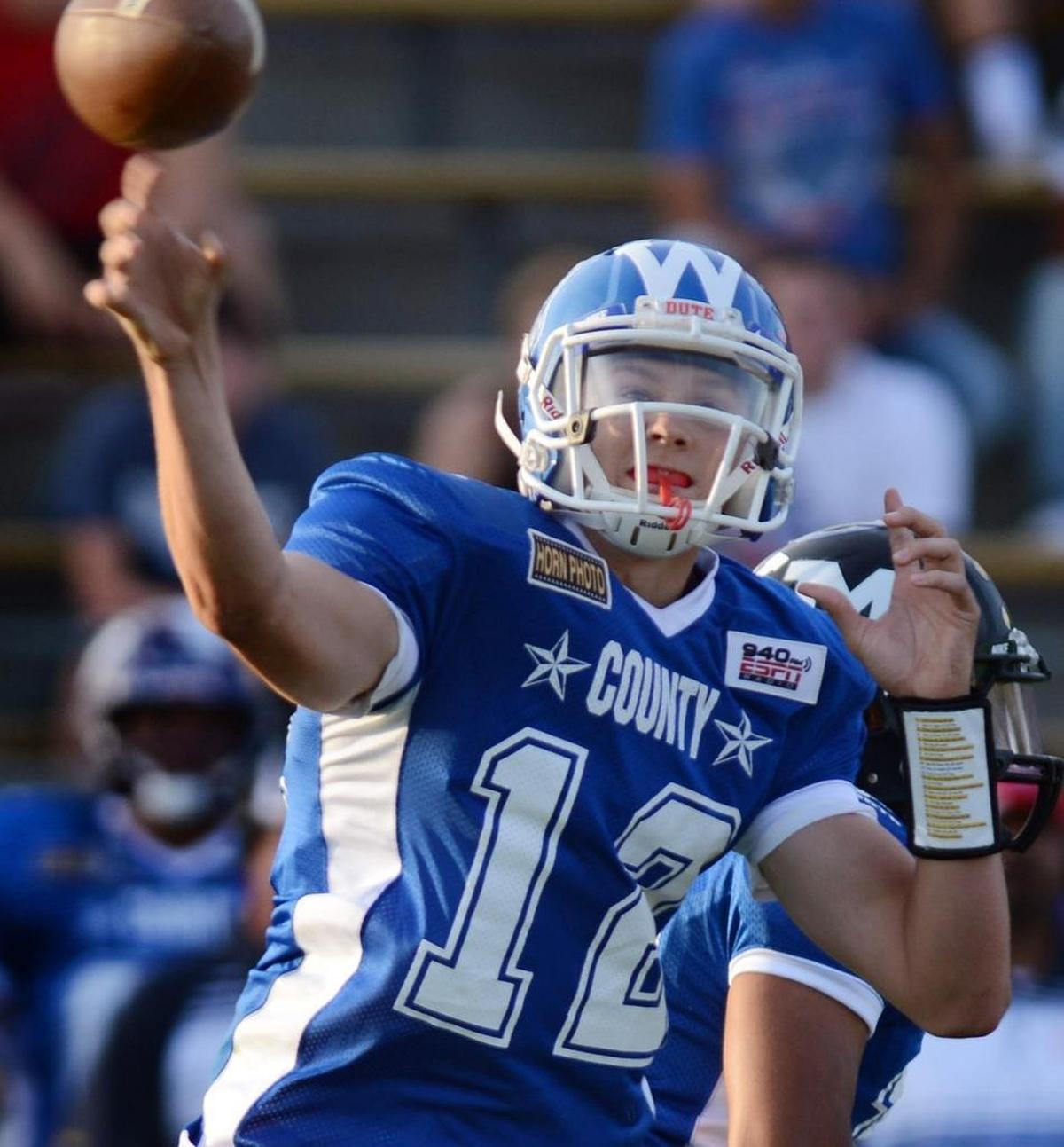 Firebaugh High’s Josh Allen throws during the 60th annual City/County All-Star football game at Clovis’ Lamonica Stadium in 2014.